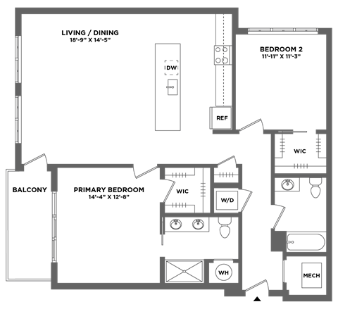 Floor plan for 2 beds, 2 baths, 1243 sqft
