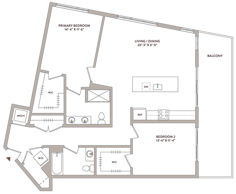 Floor plan for 2 beds, 2 baths, 1280 sqft
