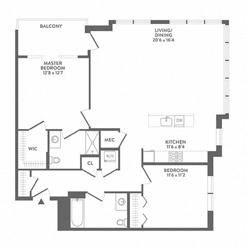 Floor plan for 2 beds, 2 baths, 1228 sqft
