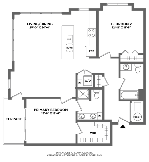 Floor plan for 2 beds, 2 baths, 1315 sqft