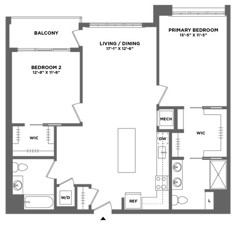 Floor plan for 2 beds, 2 baths, 1173 sqft