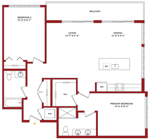Floor plan for 2 beds, 2 baths, 1225 sqft