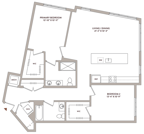 Floor plan for 2 beds, 2 baths, 1340 sqft