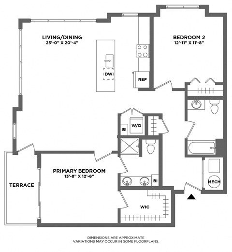 Floor plan for 2 beds, 2 baths, 1315 sqft