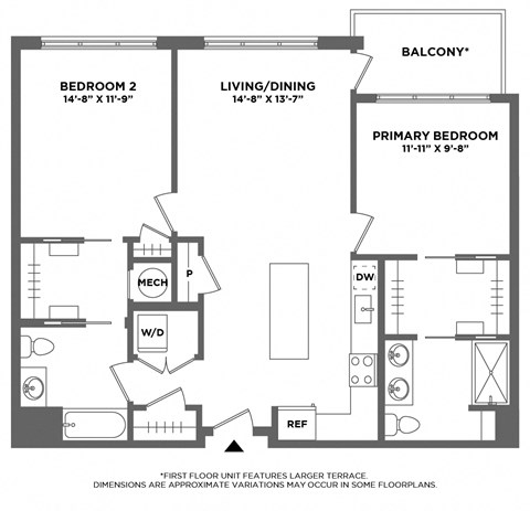Floor plan for 2 beds, 2 baths, 1176 sqft