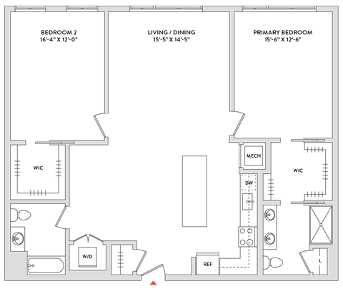 Floor plan for 2 beds, 2 baths, 1424 sqft