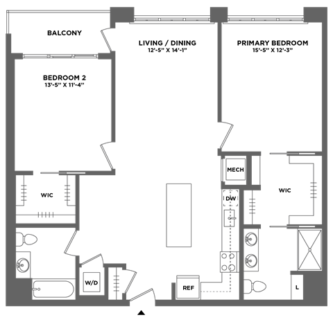 Floor plan for 2 beds, 2 baths, 1211 sqft