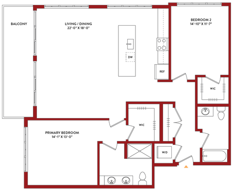 Floor plan for 2 beds, 2 baths, 1398 sqft