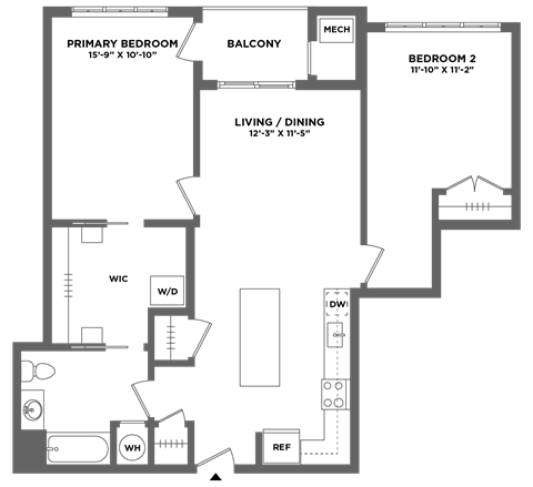 Floor plan for 2 beds, 1 bath, 1007 sqft