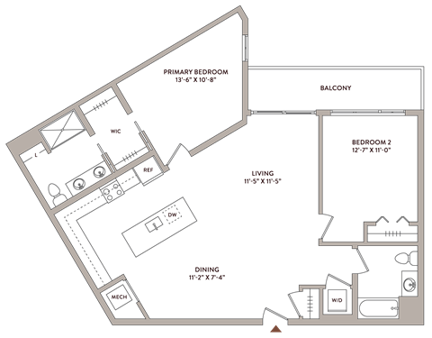 Floor plan for 2 beds, 2 baths, 1220 sqft