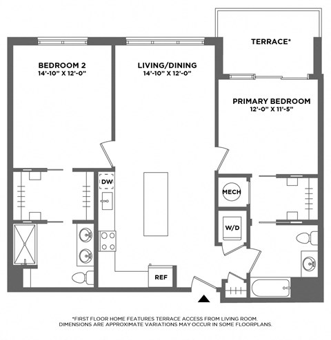 Floor plan for 2 beds, 2 baths, 1145 sqft