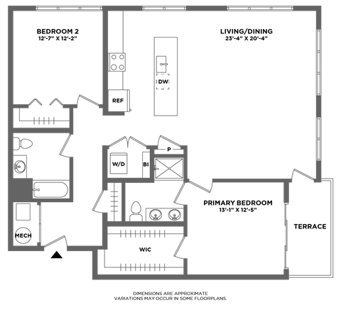Floor plan for 2 beds, 2 baths, 1404 sqft