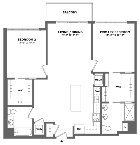 Floor plan for 2 beds, 2 baths, 1237 sqft