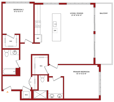 Floor plan for 2 beds, 2 baths, 1305 sqft
