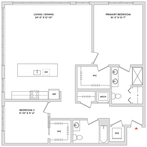 Floor plan for 2 beds, 2 baths, 1500 sqft