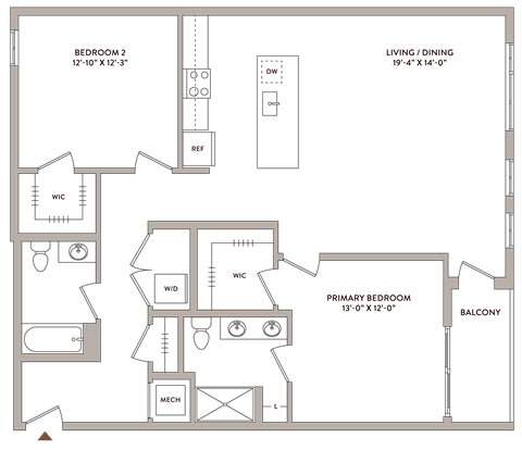 Floor plan for 2 beds, 2 baths, 1305 sqft