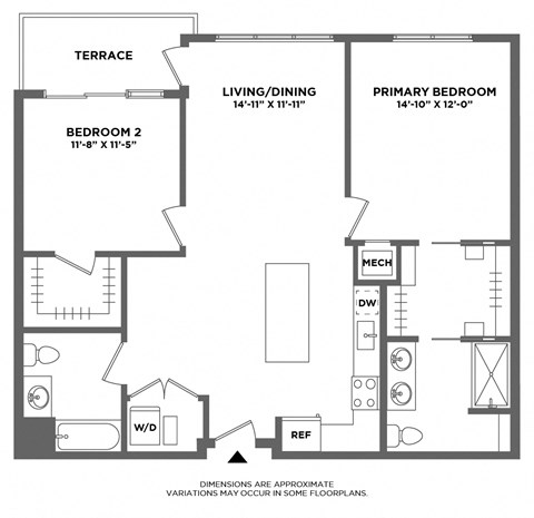 Floor plan for 2 beds, 2 baths, 1188 sqft