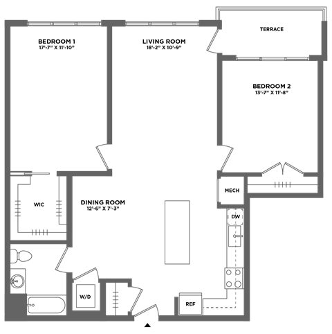 Floor plan for 2 beds, 1 bath, 1340 sqft