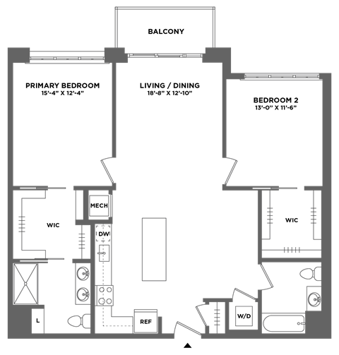 Floor plan for 2 beds, 2 baths, 1249 sqft