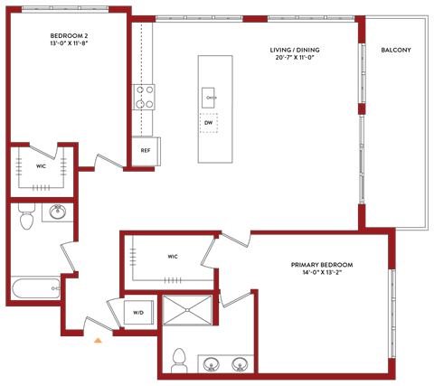 Floor plan for 2 beds, 2 baths, 1342 sqft