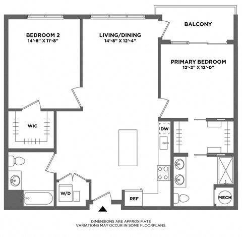 Floor plan for 2 beds, 2 baths, 1162 sqft