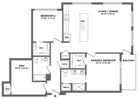 Floor plan for 2 beds, 2 baths, 1382 sqft