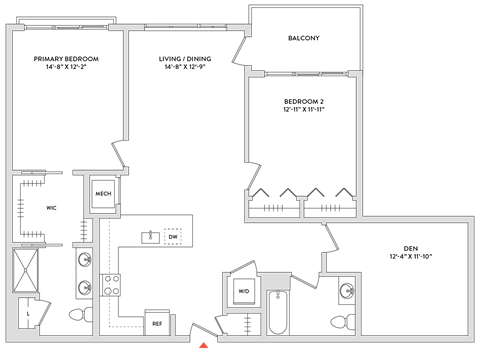 Floor plan for 2 beds, 2 baths, 1423 sqft