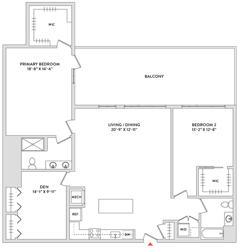 Floor plan for 2 beds, 2 baths, 1723 sqft