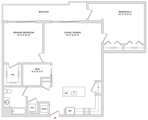 Floor plan for 2 beds, 1 bath, 1385 sqft