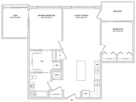 Floor plan for 2 beds, 1 bath, 1242 sqft