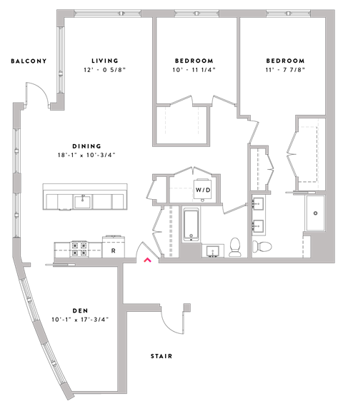 Floor plan for 2 beds, 2 baths, 1371 sqft