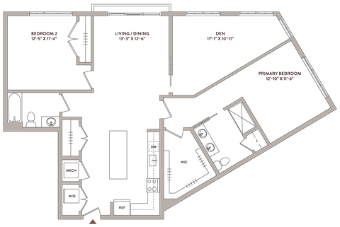 Floor plan for 2 beds, 2 baths, 1400 sqft