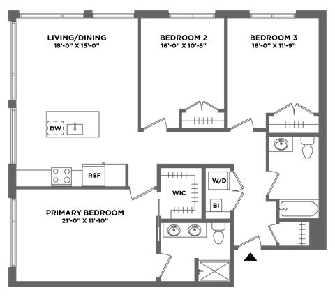 Floor plan for 3 beds, 2 baths, 1309 sqft