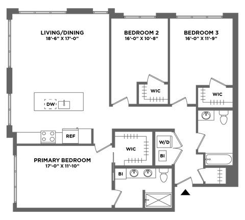 Floor plan for 3 beds, 2 baths, 1495 sqft