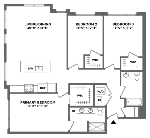 Floor plan for 3 beds, 2 baths, 1520 sqft