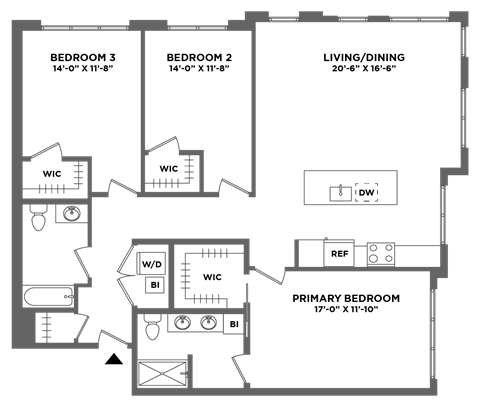 Floor plan for 3 beds, 2 baths, 1536 sqft