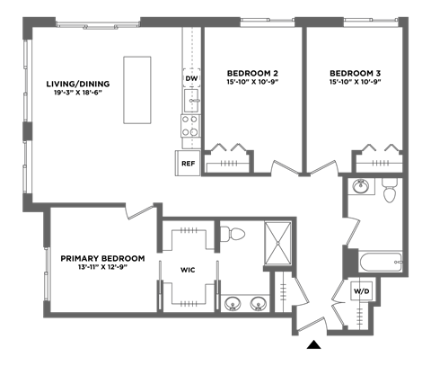 Floor plan for 3 beds, 2 baths, 1383 sqft