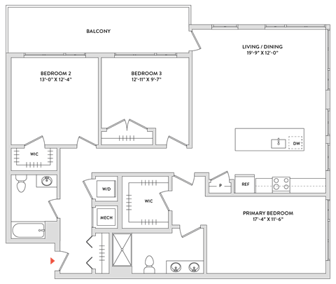 Floor plan for 3 beds, 2 baths, 1610 sqft