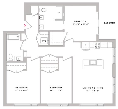 Floor plan for 3 beds, 2 baths, 1408 sqft