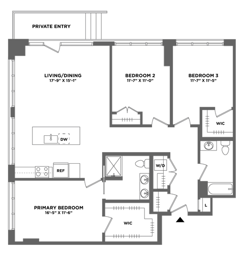 Floor plan for 3 beds, 2 baths, 1555 sqft