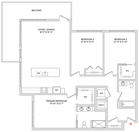 Floor plan for 3 beds, 2 baths, 1621 sqft