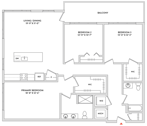 Floor plan for 3 beds, 2 baths, 1652 sqft