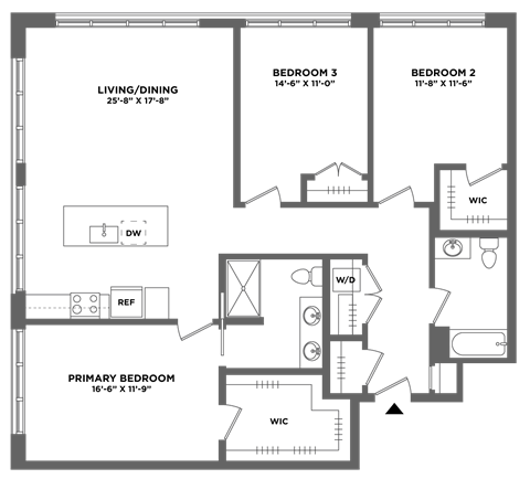 Floor plan for 3 beds, 2 baths, 1555 sqft