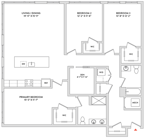 Floor plan for 3 beds, 2 baths, 1810 sqft