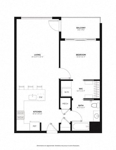 Floor plan for 1 bed, 1 bath, 771 sqft