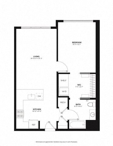 Floor plan for 1 bed, 1 bath, 820 sqft
