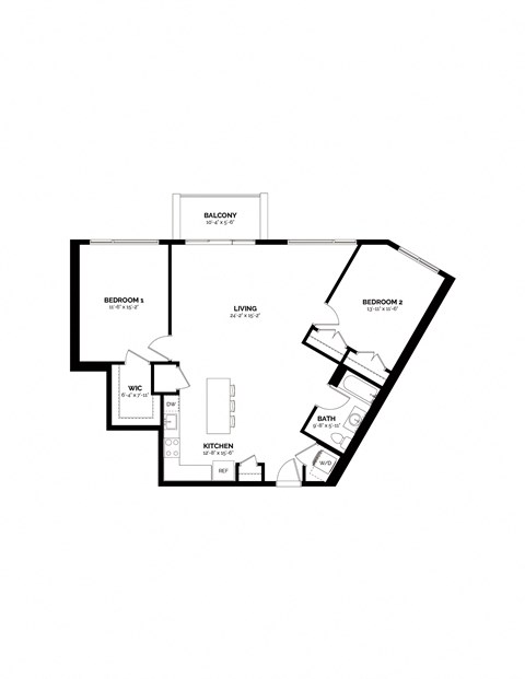 Floor plan for 2 beds, 2 baths, 1076 sqft