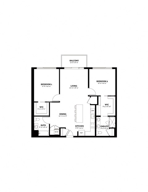 Floor plan for 2 beds, 2 baths, 1198 sqft