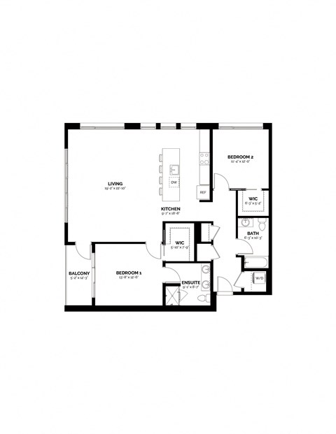 Floor plan for 2 beds, 2 baths, 1365 sqft