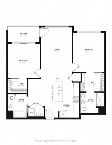 Floor plan for 2 beds, 2 baths, 1193 sqft